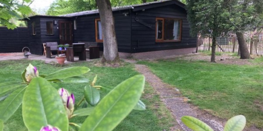 Een zwarte accommodatie in het bos waarin je kan slapen op de Veluwe.